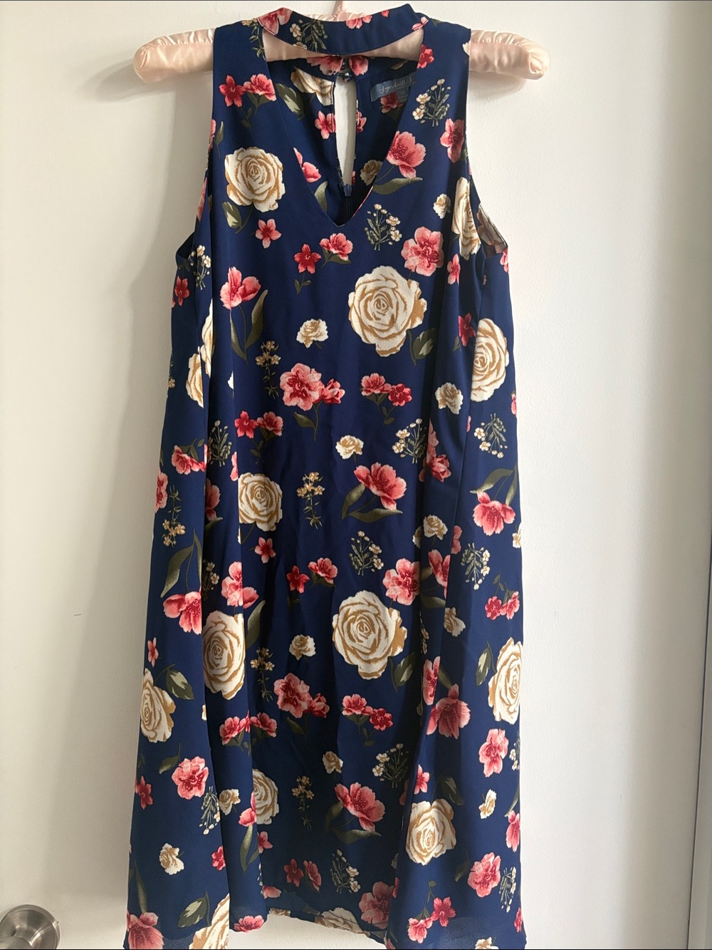 Navy Floral Sleeveless Knee length Dress with V-Neckline cutout